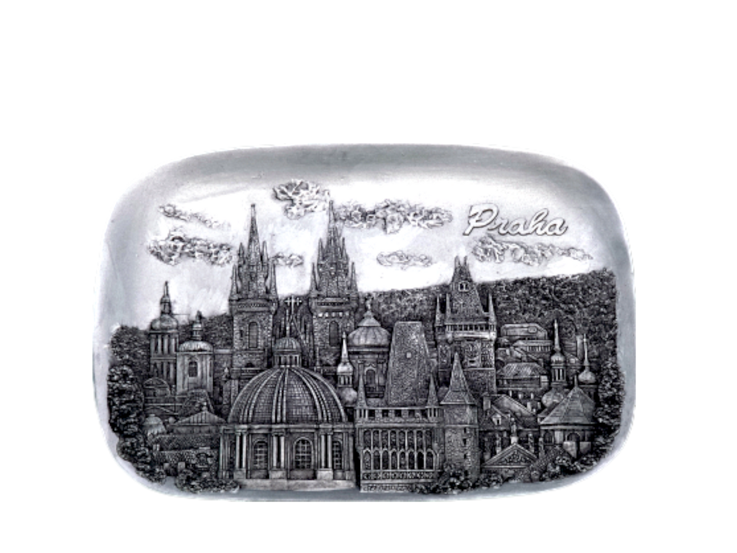Rectangular silver ceramic tile with detailed relief of Prague towers, featuring gothic spires and domed buildings, embossed - Daily - Prague Judaica