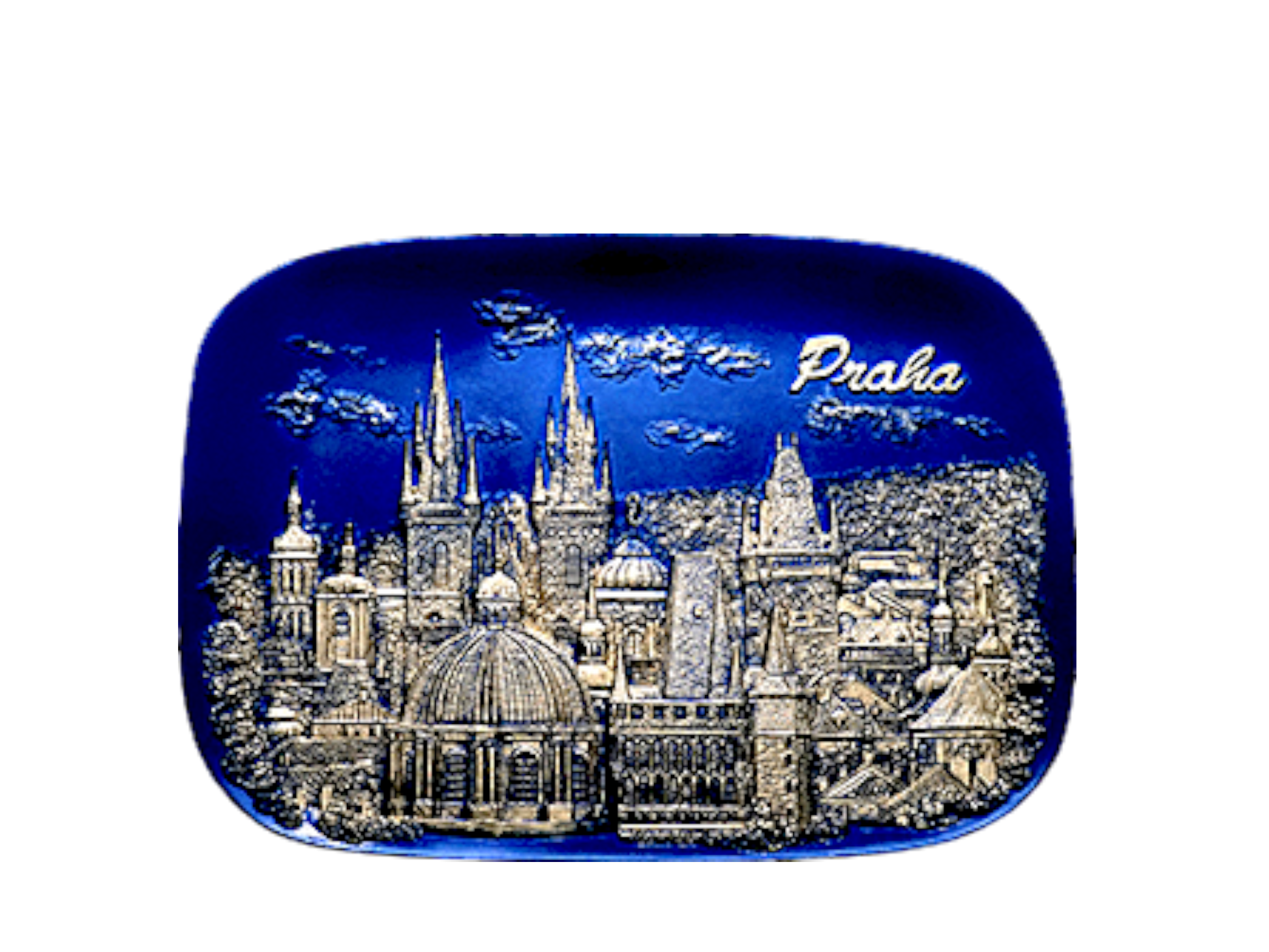 Rectangular ceramic tile with raised silver relief depicting Prague towers on a deep cobalt blue background, featuring. - Daily - Prague Judaica