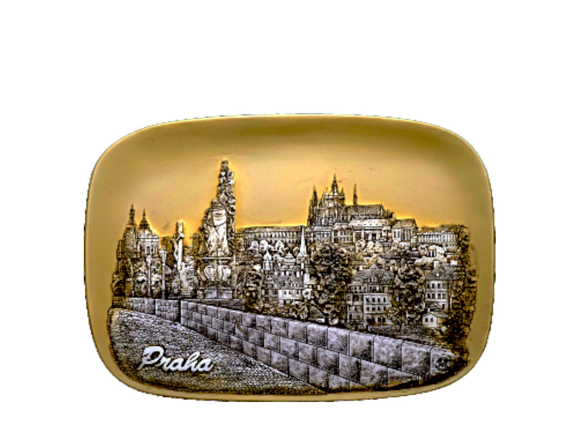 Ceramic tile with gold-toned Prague Castle and Charles Bridge design – Prague Judaica. - Daily - Prague Judaica