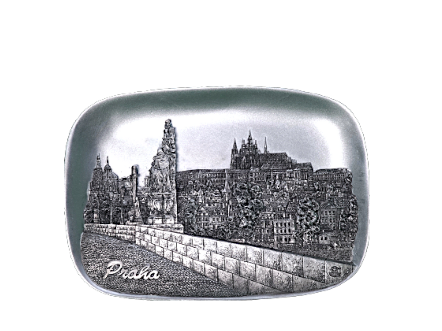 Rectangular ceramic tile with a grayscale detailed engraving of Prague Castle seen from Charles Bridge, featuring stone. - Daily - Prague Judaica