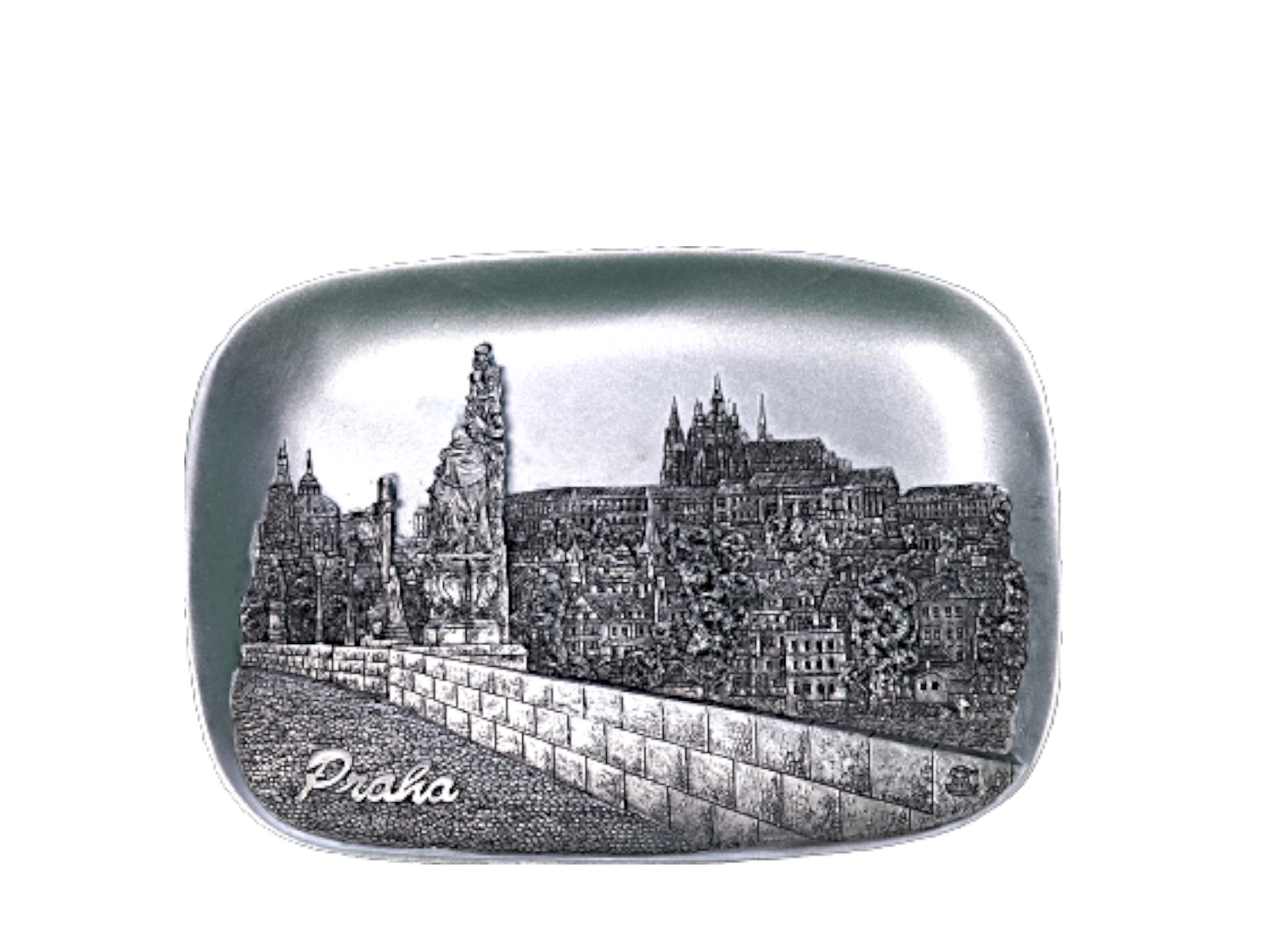 Rectangular ceramic tile with a grayscale detailed engraving of Prague Castle seen from Charles Bridge, featuring stone. - Daily - Prague Judaica