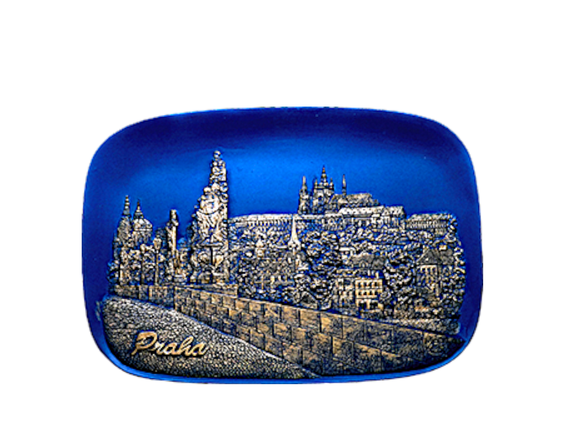Rectangular ceramic tile with raised gold-tone relief depicting Prague Castle and Charles Bridge against a deep blue glazed. - Daily - Prague Judaica