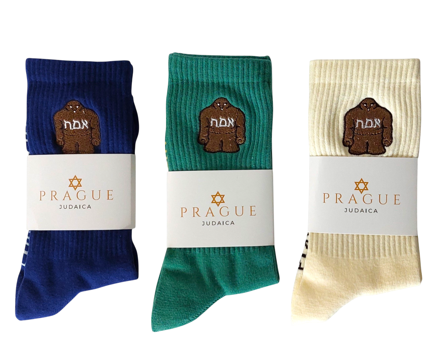 Blue, green, and beige socks with Golem embroidery – Prague Judaica. - S/M    36-42 EU    4-9 US - Prague Judaica