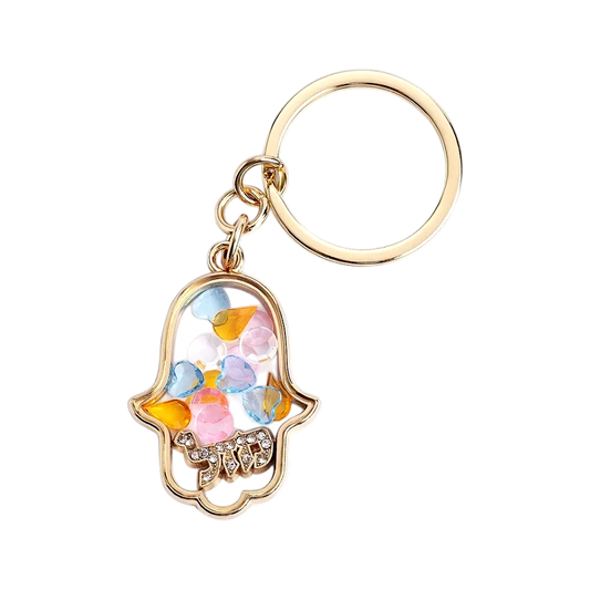 Gold Hamsa Shaker Keychain with Colorful Hearts and Crystals