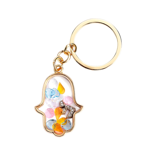 Gold Hamsa Shaker Keychain with Colorful Hearts and Crystals