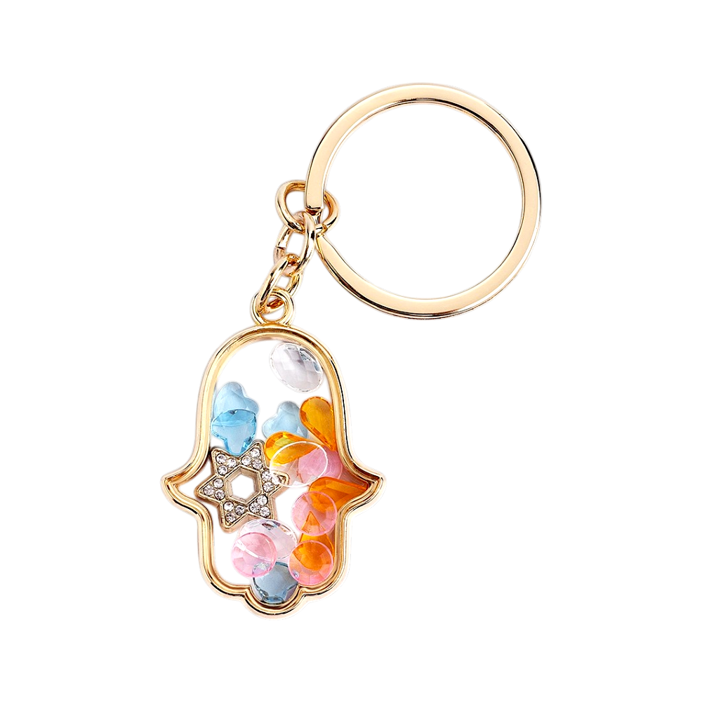 Gold Hamsa Shaker Keychain with Colorful Hearts and Crystals