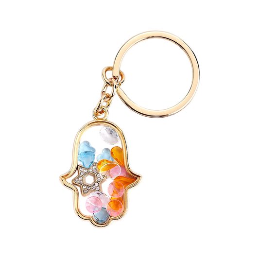 Gold Hamsa Shaker Keychain with Colorful Hearts and Crystals
