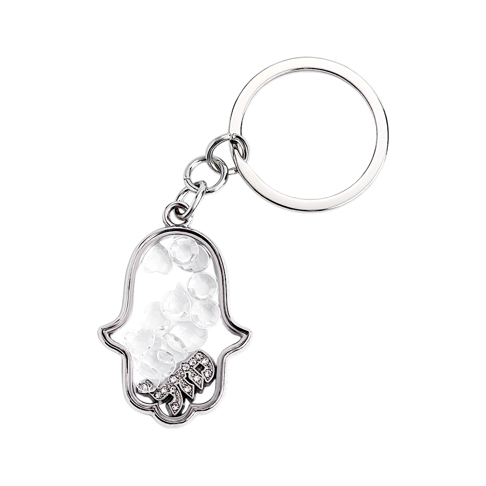 Stříbrná klíčenka Hamsa Shaker s průhlednými srdíčky a krystalky