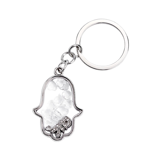 Silver Hamsa Shaker Keychain with Clear Hearts and Crystals