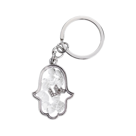 Silver Hamsa Shaker Keychain with Clear Hearts and Crystals