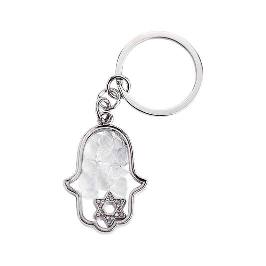 Silver Hamsa Shaker Keychain with Clear Hearts and Crystals