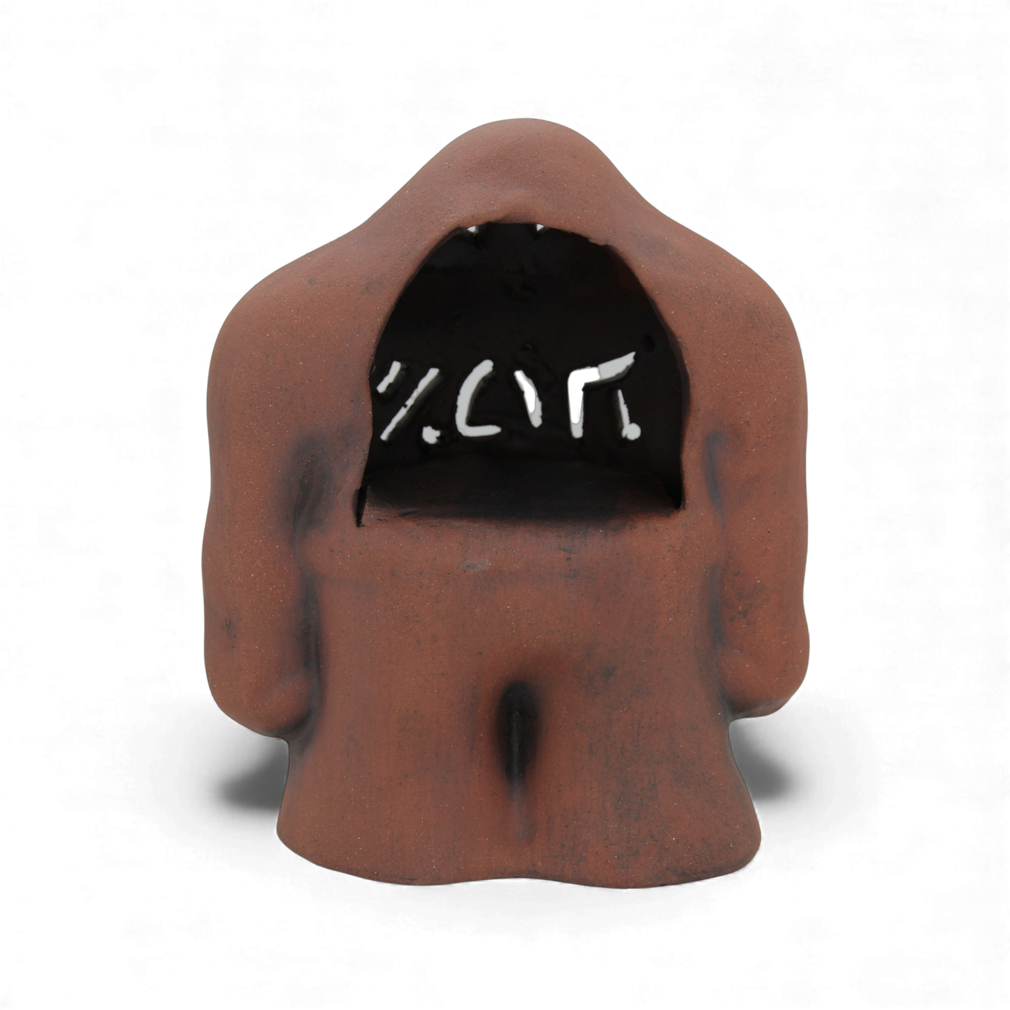 Rust-colored ceramic golem figurine with a hollow black cavity displaying Hebrew characters, designed as a Judaica. - Default Title - Prague Judaica