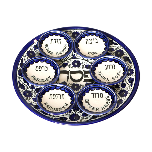 Armenian ceramic Seder plate with 6 bowls - Blue Flowers