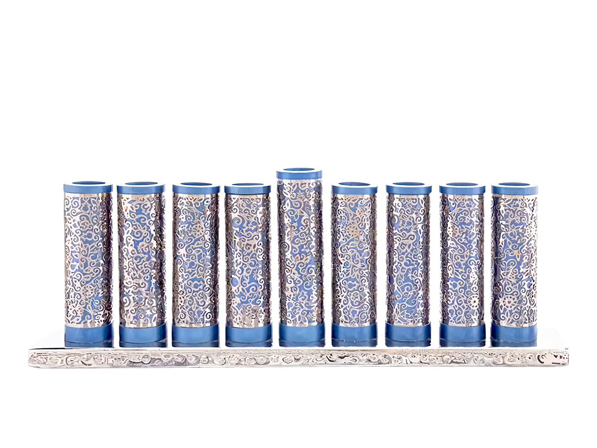 Yair Emanuel Lasercut Pomegranate Cylinder Menorah – Blue