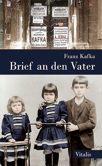 Vintage-style book cover with sepia-toned photo of three children dressed in early 20th-century clothing; title "Brief an. - English - Prague Judaica