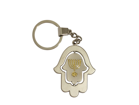 Spinning Hamsa Keychain - Menorah with Traveler's Prayer