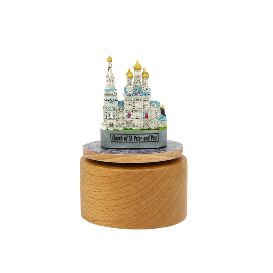 Otočná hrací skříňka - miniatura Pravoslavného kostela sv. Petra a Pavla v Karlových Varech