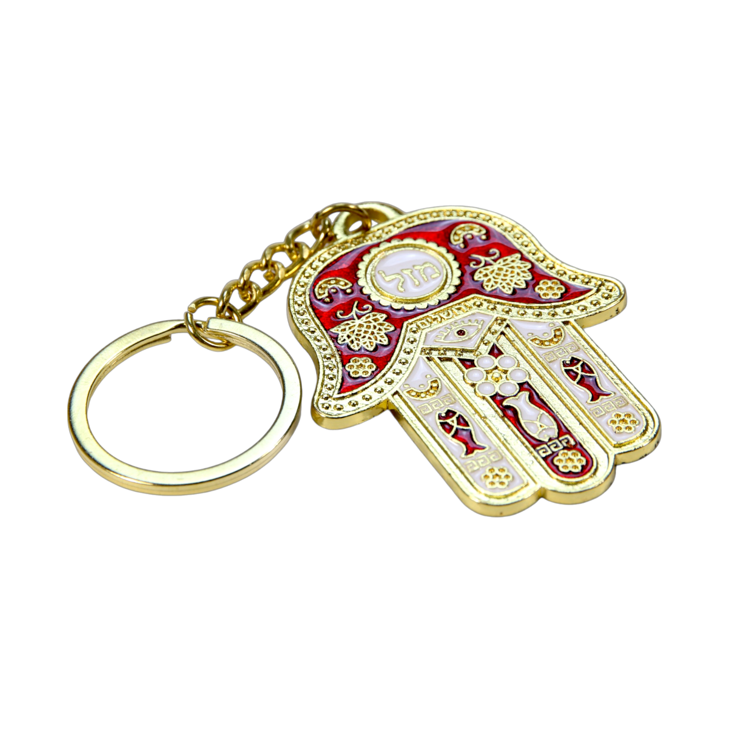 Metal Hamsa Keychain - Golden Colour - Red White