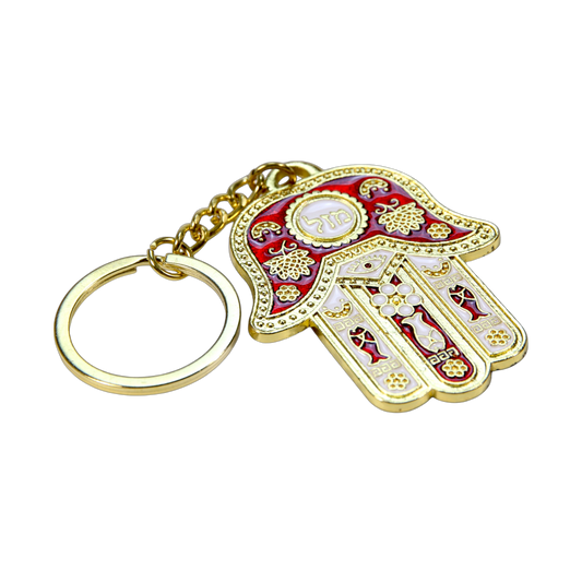Metal Hamsa Keychain - Golden Colour - Red White
