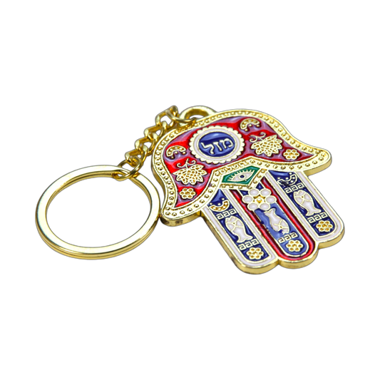 Metal Hamsa Keychain - Golden Colour - Red Blue