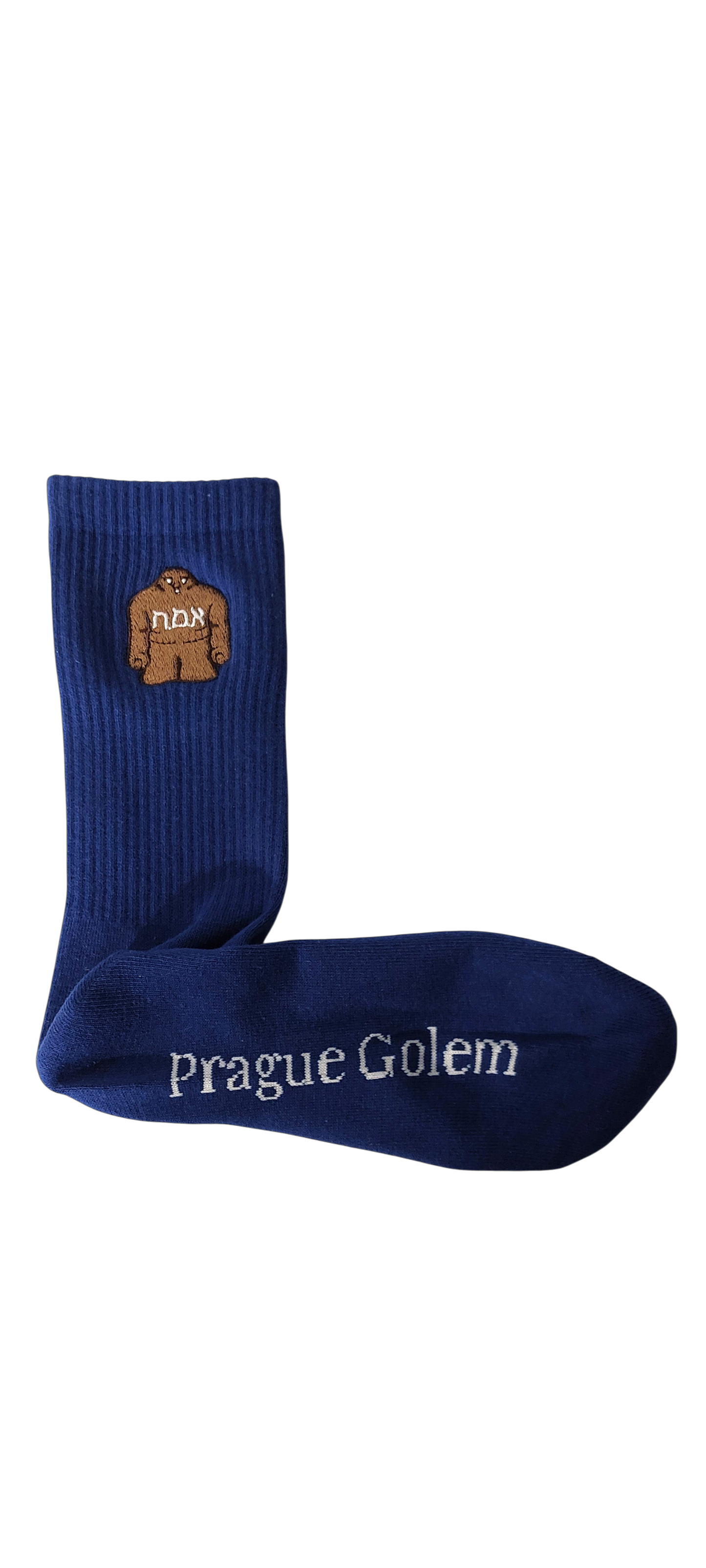Blue crew-length socks with embroidered brown Golem figure on ankle and "Prague Golem" text in white on foot. - S/M 36-42 EU 4-9 US - Prague Judaica