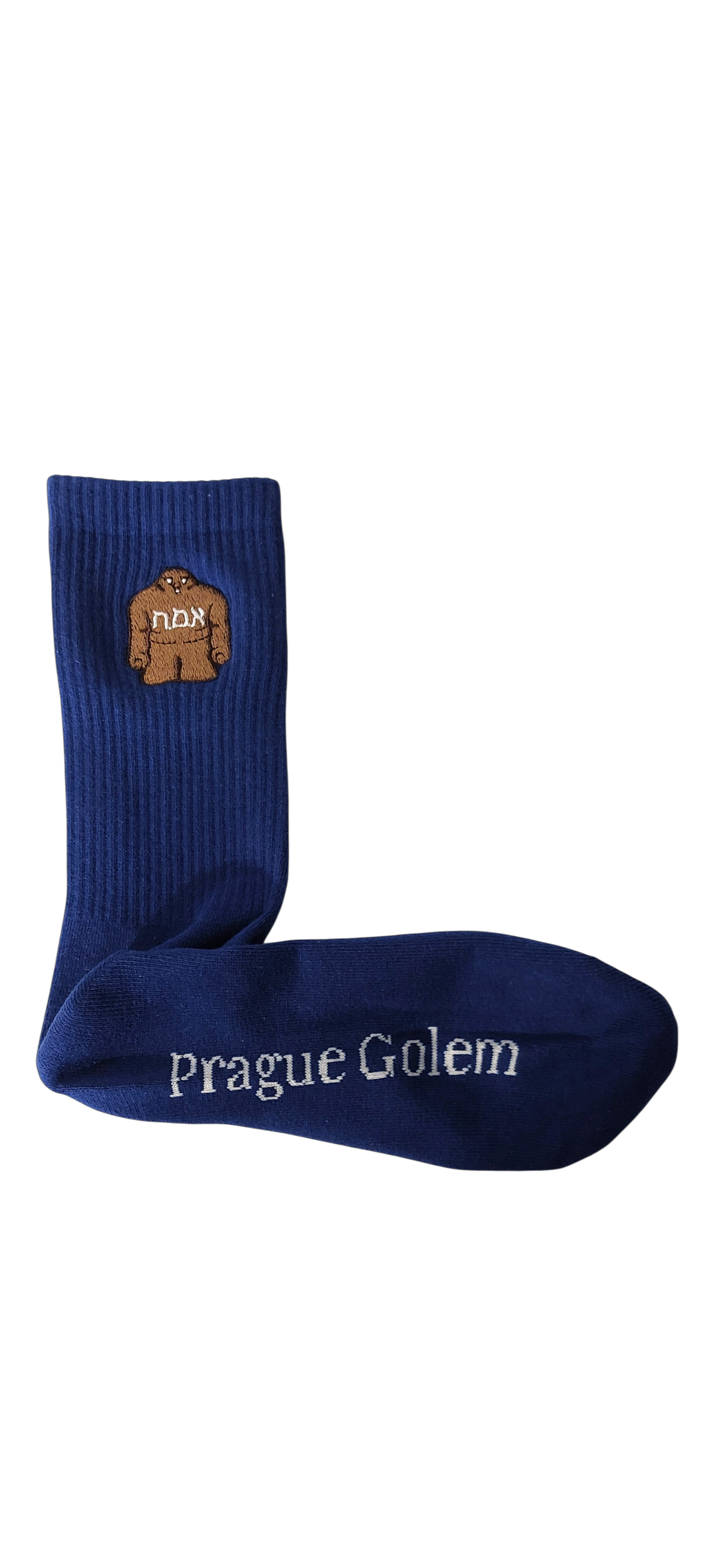 Blue crew-length socks with embroidered brown Golem figure on ankle and "Prague Golem" text in white on foot. - S/M 36-42 EU 4-9 US - Prague Judaica