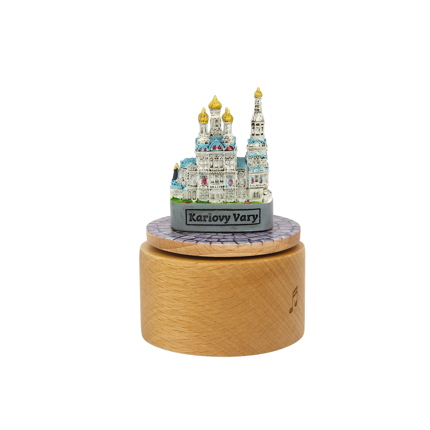 Otočná hrací skříňka - miniatura Pravoslavného kostela sv. Petra a Pavla v Karlových Varech