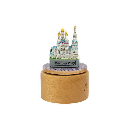 Otočná hrací skříňka - miniatura Pravoslavného kostela sv. Petra a Pavla v Karlových Varech