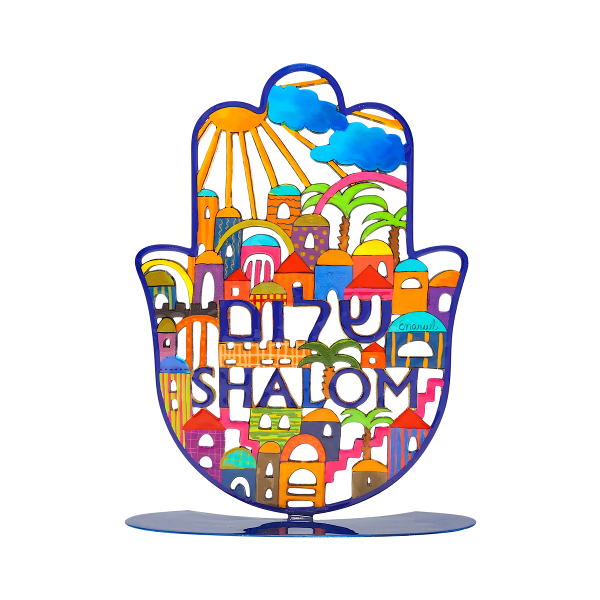 Hamsa standing Emanuel - large - Jerusalem & Hebrew, English Shalom