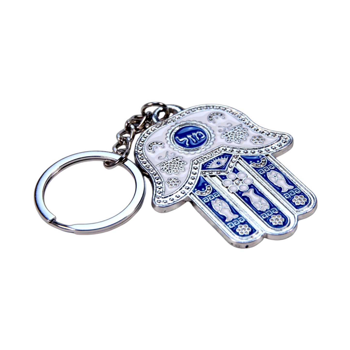 Kovová klíčenka Hamsa - stříbrná barva - bílo modrá