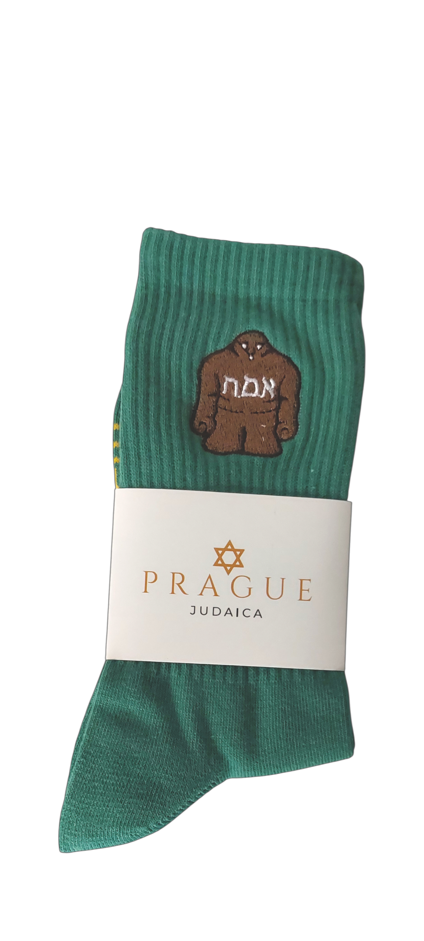 Green embroidered golem motif socks – Prague Judaica. - S/M    36-42 EU    4-9 US - Prague Judaica
