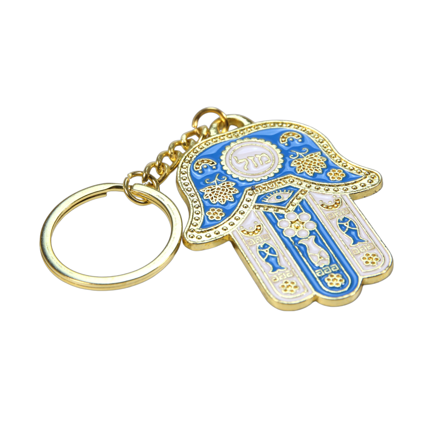 Metal Hamsa Keychain - Golden Colour - Blue White
