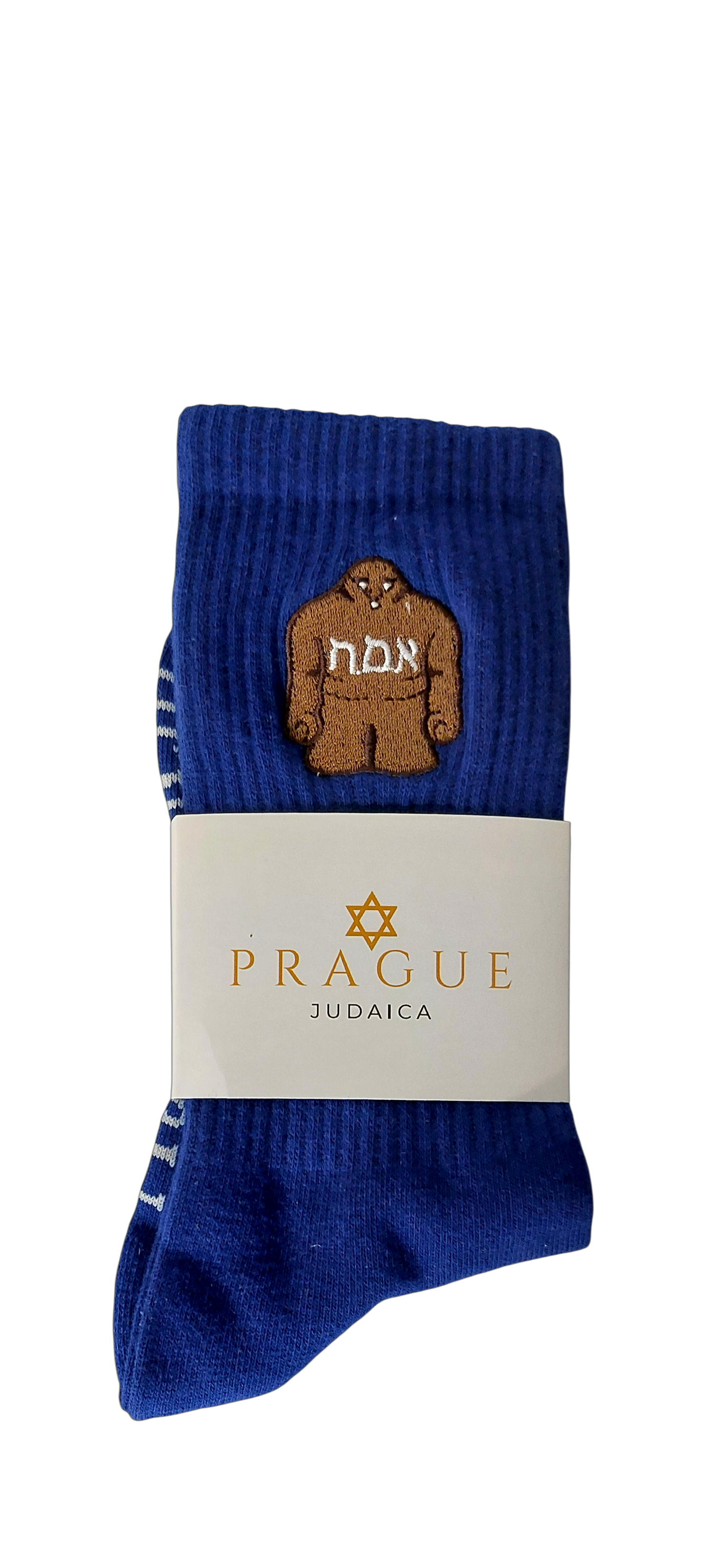 Blue Golem embroidered socks with Hebrew text – Prague Judaica. - S/M    36-42 EU    4-9 US - Prague Judaica