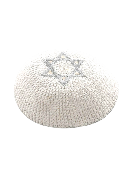Knited White Kippah with Silver Magen David