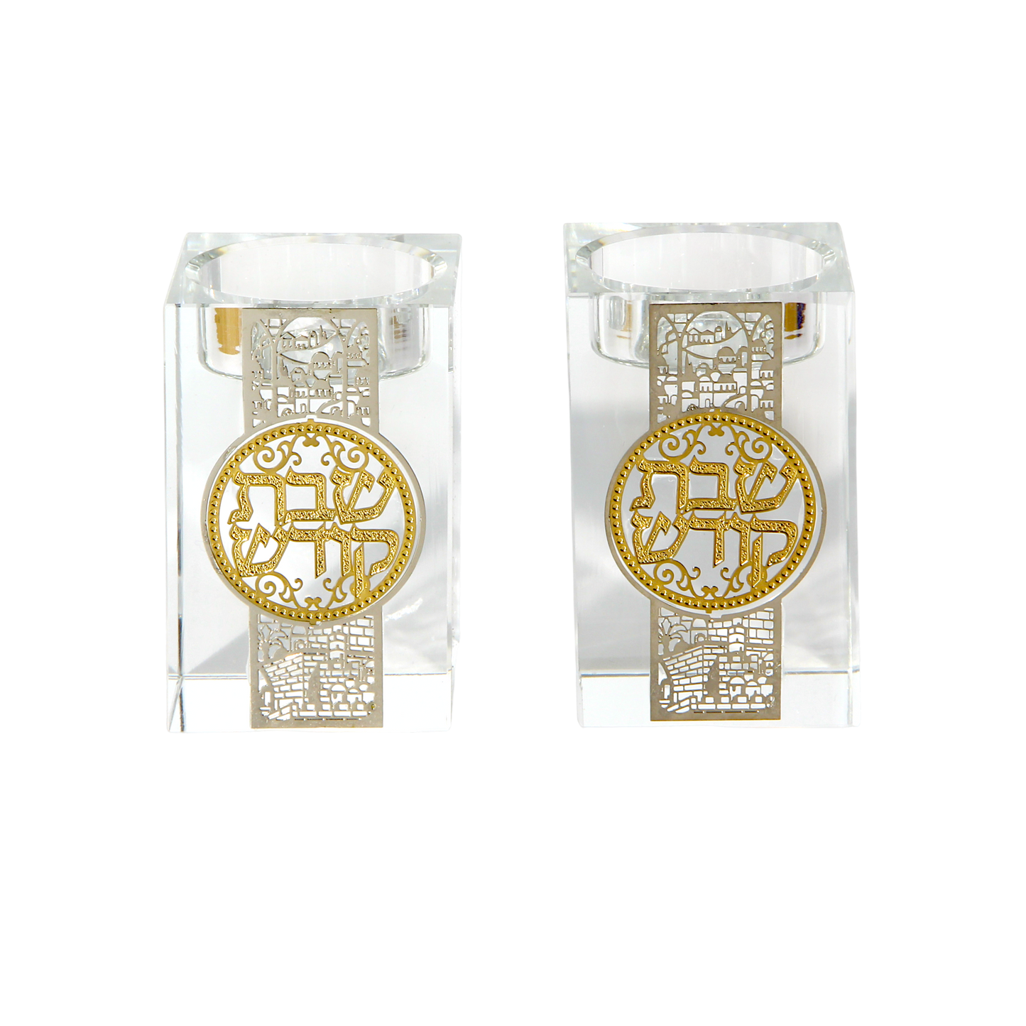 Crystal Shabbat Candlestick with Metal Plaque