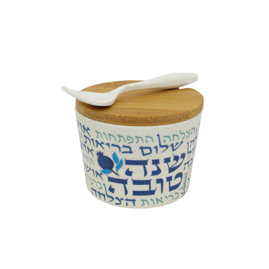 Bamboo Honey Dish "Shana Tovah" - Blue
