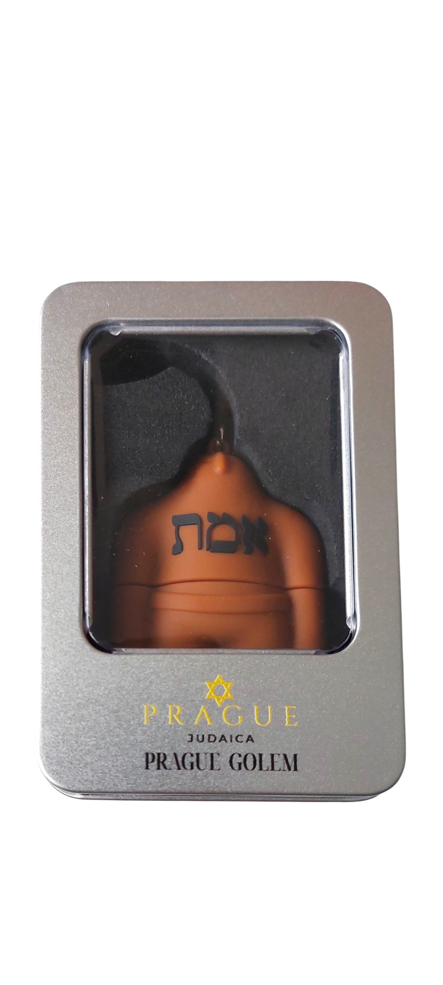 Brown wooden Golem-shaped USB flash drive with Hebrew lettering, enclosed in a silver and black display box labeled "Prague. - Default Title - Prague Judaica