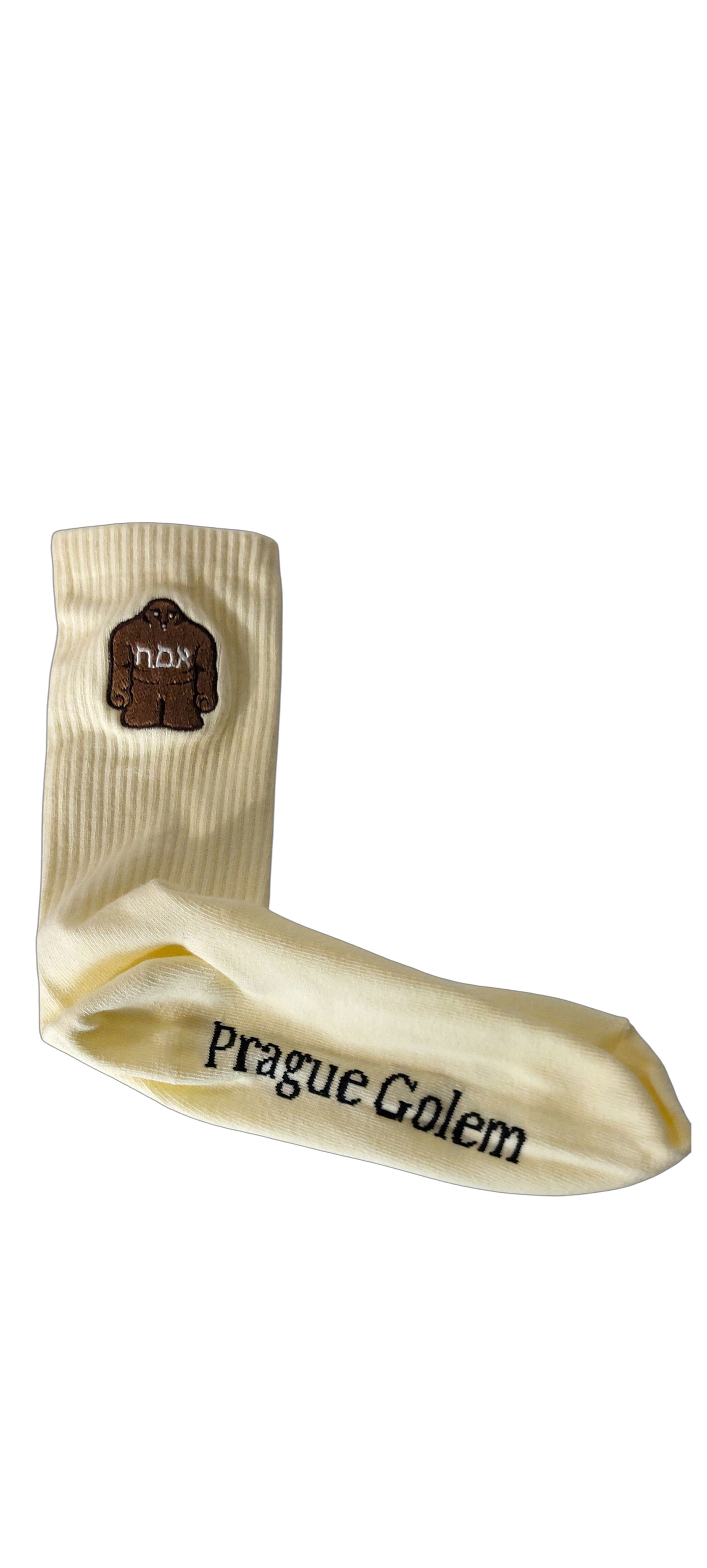 Vanilla-colored ribbed socks with brown embroidered Golem design on ankle and "Prague Golem" text in black on foot,. - S/M 36-42 EU 4-9 US - Prague Judaica