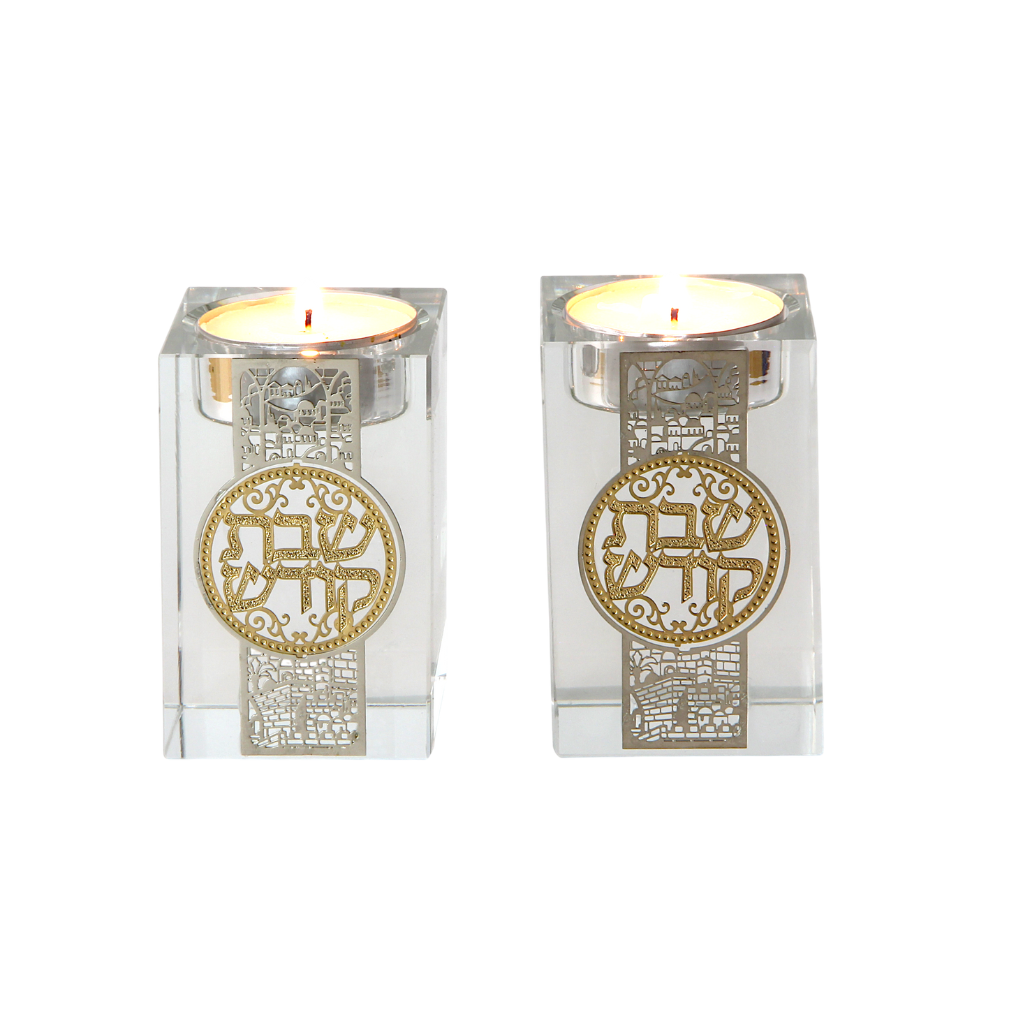 Crystal Shabbat Candlestick with Metal Plaque