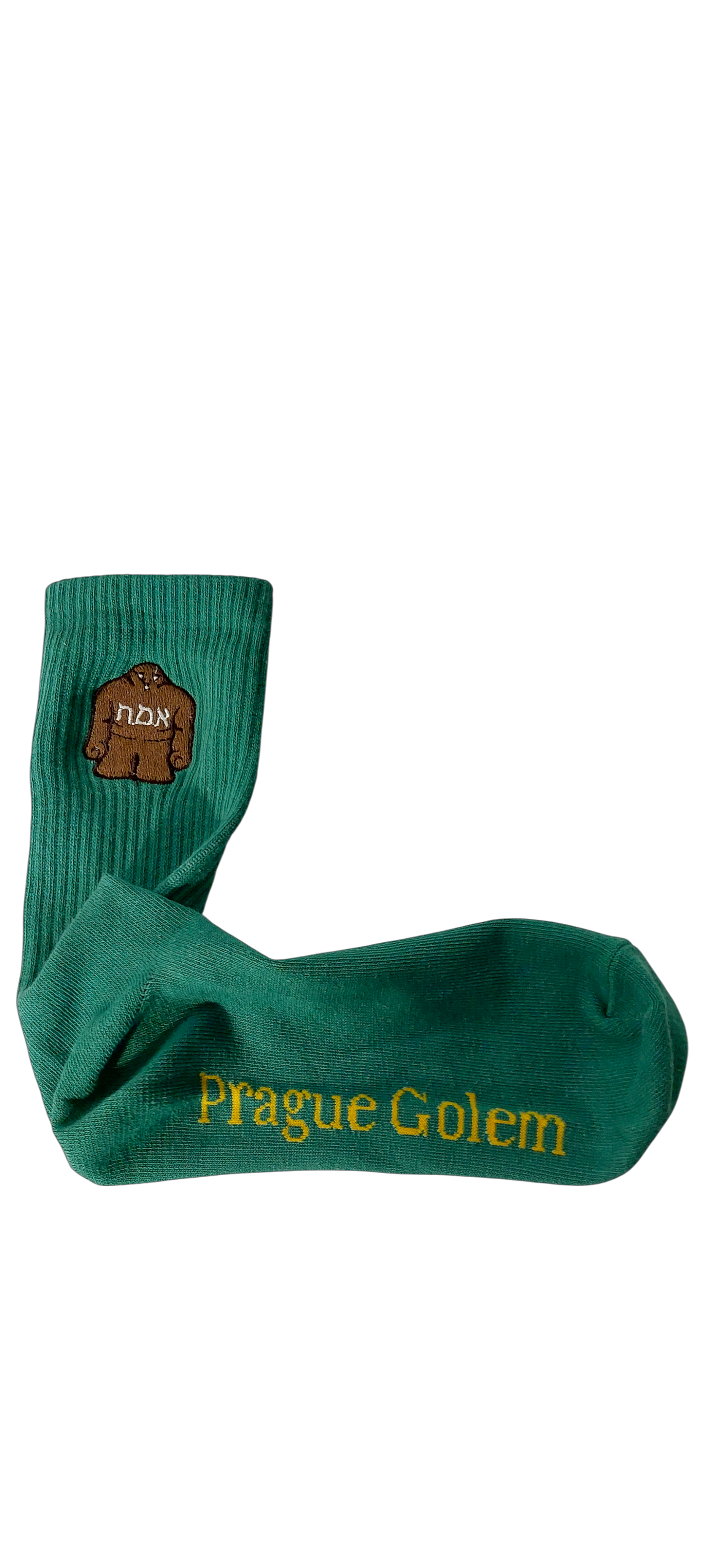 Green socks with embroidered brown golem design and yellow text – Prague Judaica. - S/M    36-42 EU    4-9 US - Prague Judaica