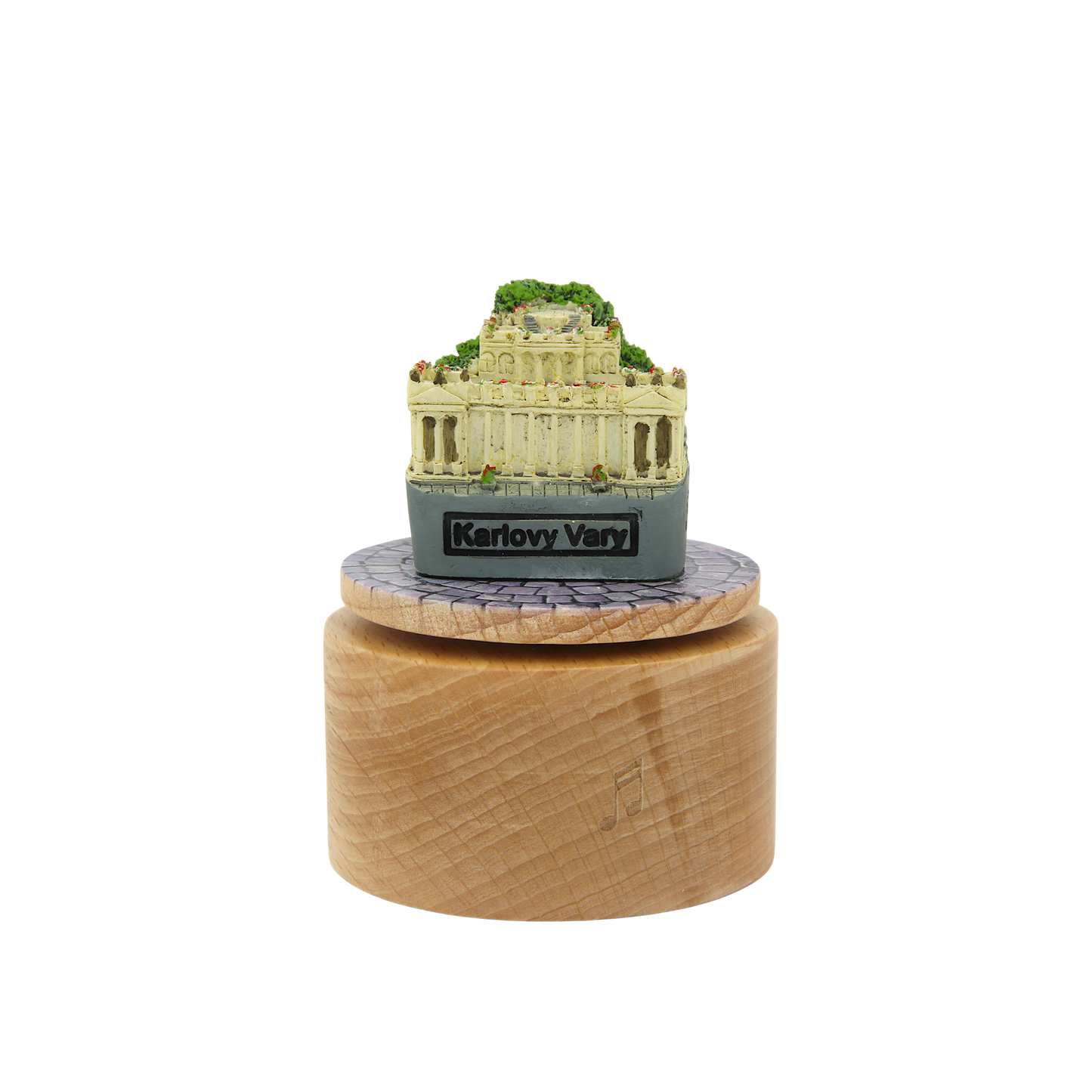 Model of a classical building on a wooden base with 'Karlovy Vary' branding.