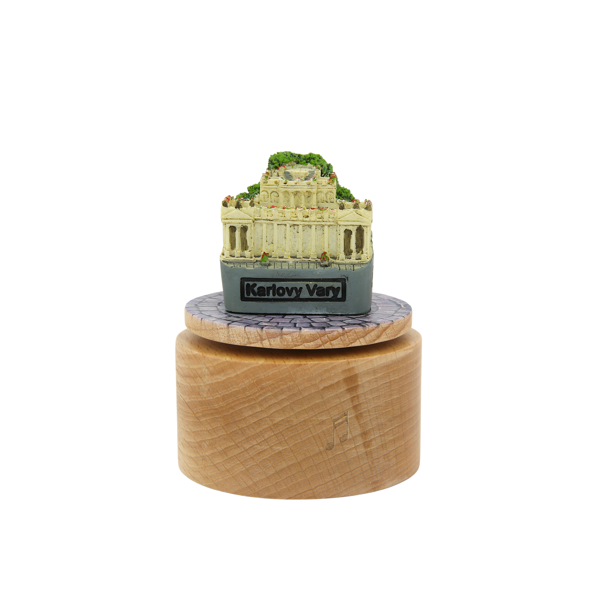 Model of a classical building on a wooden base with 'Karlovy Vary' branding.