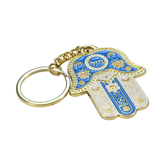 Metal Hamsa Keychain - Golden Colour - Blue White